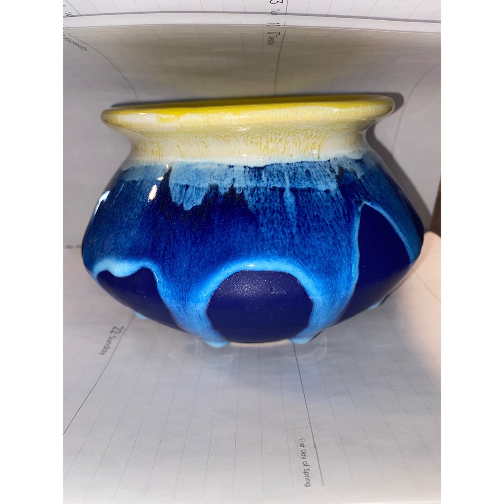 Handcrafted Ceramic Pot Cobalt Blue White Drip Glaze Yellow Rim Studio Pottery